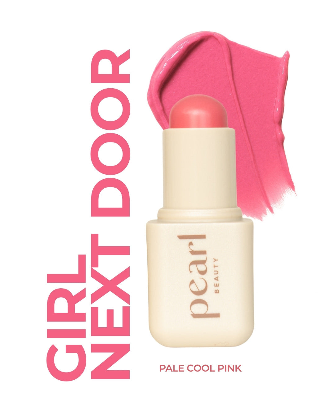 Pearl Beauty lipstick with pink shade and 'Girl Next Door' text on a white background