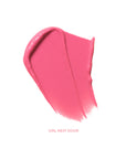 Pink lipstick swatch on a white background with 'Girl Next Door' branding.