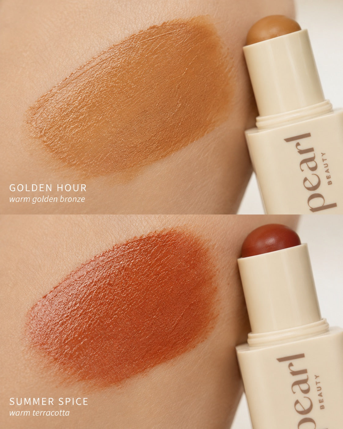 Two swatches of pearl beauty stick blush are shown on skin, labeled Golden Hour as warm golden bronze and Summer Spice as warm terracotta, with the cream-colored tubes visible on the right.