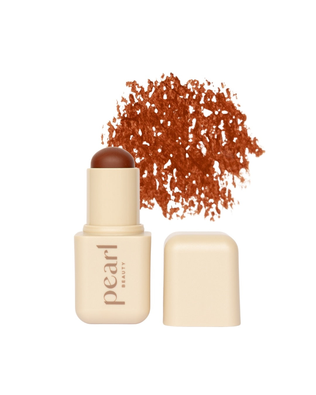 Pearl Beauty cream blush stick in a warm terracotta orange shade, shown with its beige cap off and a textured smear of the powder above, on a white background.