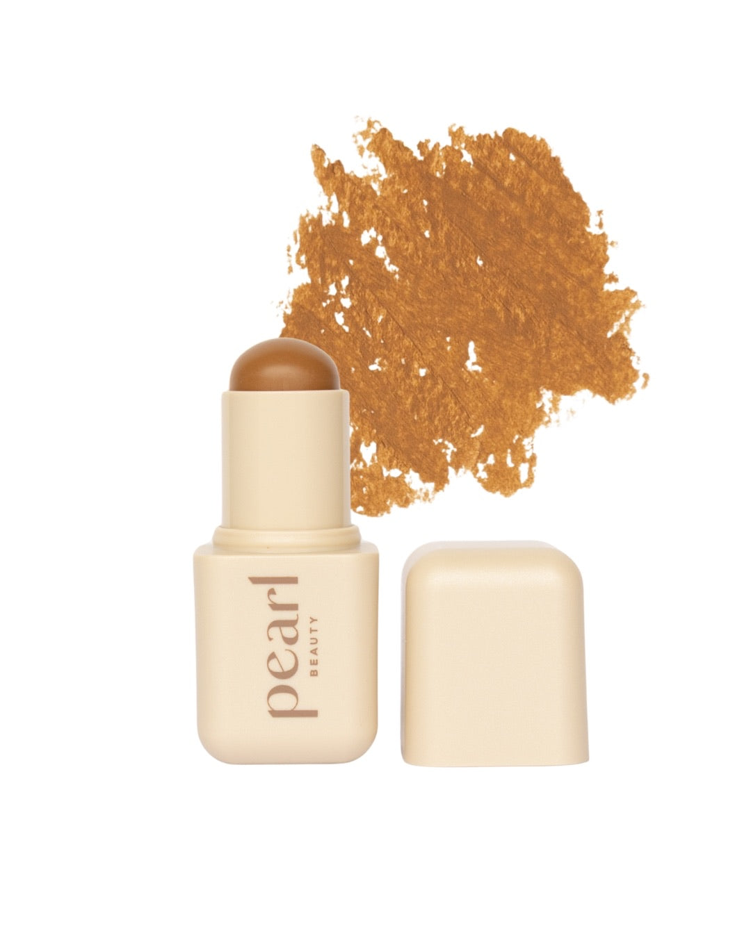 Pearl Beauty cream-colored makeup stick with a brown tip, shown next to its cap and a textured smear of the warm brown cosmetic product on a white background.
