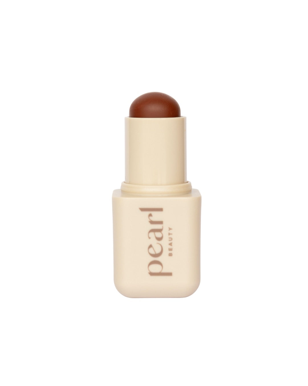 A pearl beauty lip balm stick with a warm brown formula visible at the top of a cream-colored tube, centered on a plain white background.