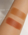 Two makeup swatches on skin labeled 'GOLDEN HOUR' and 'SUMMER SPICE' with text describing the shades as warm golden bronze and warm terracotta.