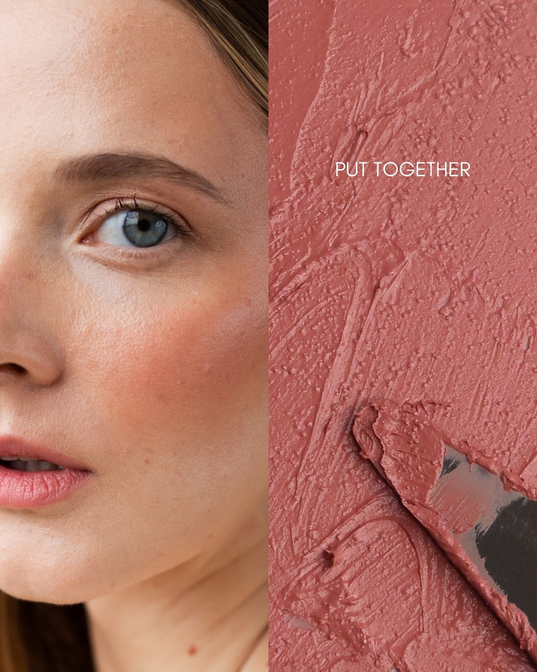 Close-up of a woman&#39;s face with a swatch of makeup colour next to it wearing Pearl Beauty Core Four Put Together cream blush stick medium rose colour cream blush vegan cruelty-free