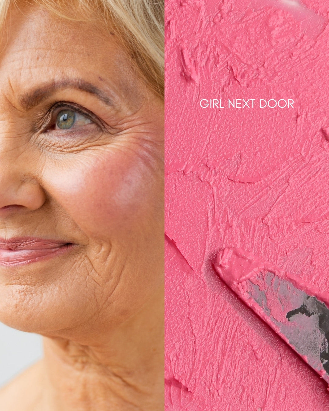 Close up of a womans face wearing Pearl Beauty Core Four Girl Next Door multi purpose stick pale cool pink cream blush vegan cruelty-free