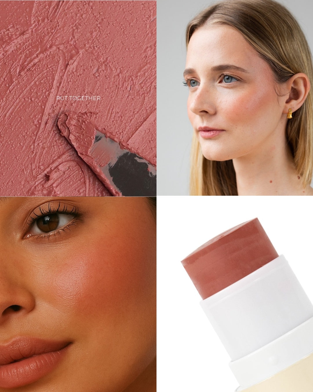 Collage of a makeup product with close-ups on skin and a swatch. Pearl Beauty Core Four Put Together cream blush stick medium rose colour cream blush vegan cruelty-free