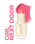 Pearl Beauty lipstick with pink shade and 'Girl Next Door' text on a white background