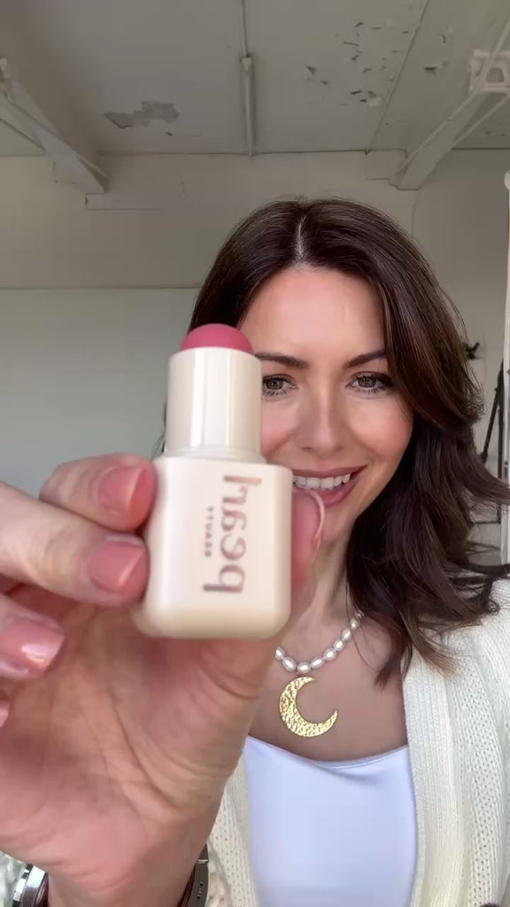 Video of Something borrowed cream blush stick being applied by mature model vegan cruelty free