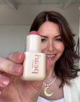 Video of Something borrowed cream blush stick being applied by mature model vegan cruelty free